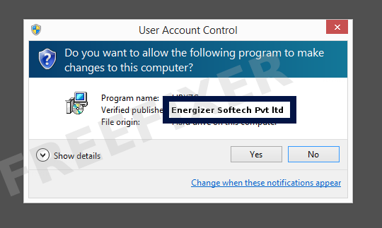 Screenshot where Energizer Softech Pvt ltd appears as the verified publisher in the UAC dialog